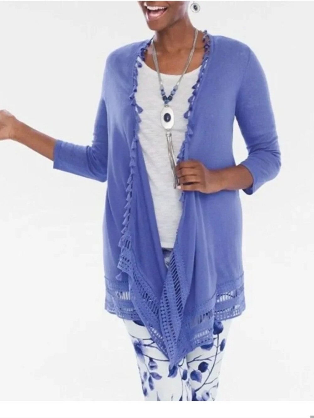 CHICO'S Tassel Cardigan Linen Blend Open Front Flowy Blue Purple Cotton Wmn 1 M